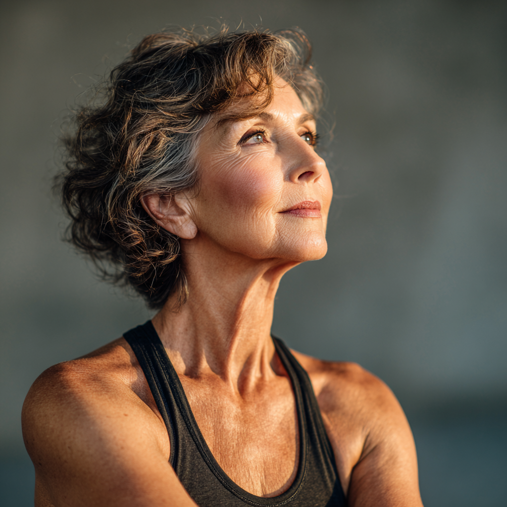 Experienced yoga instructor in her fifties demonstrating pose with calm expression