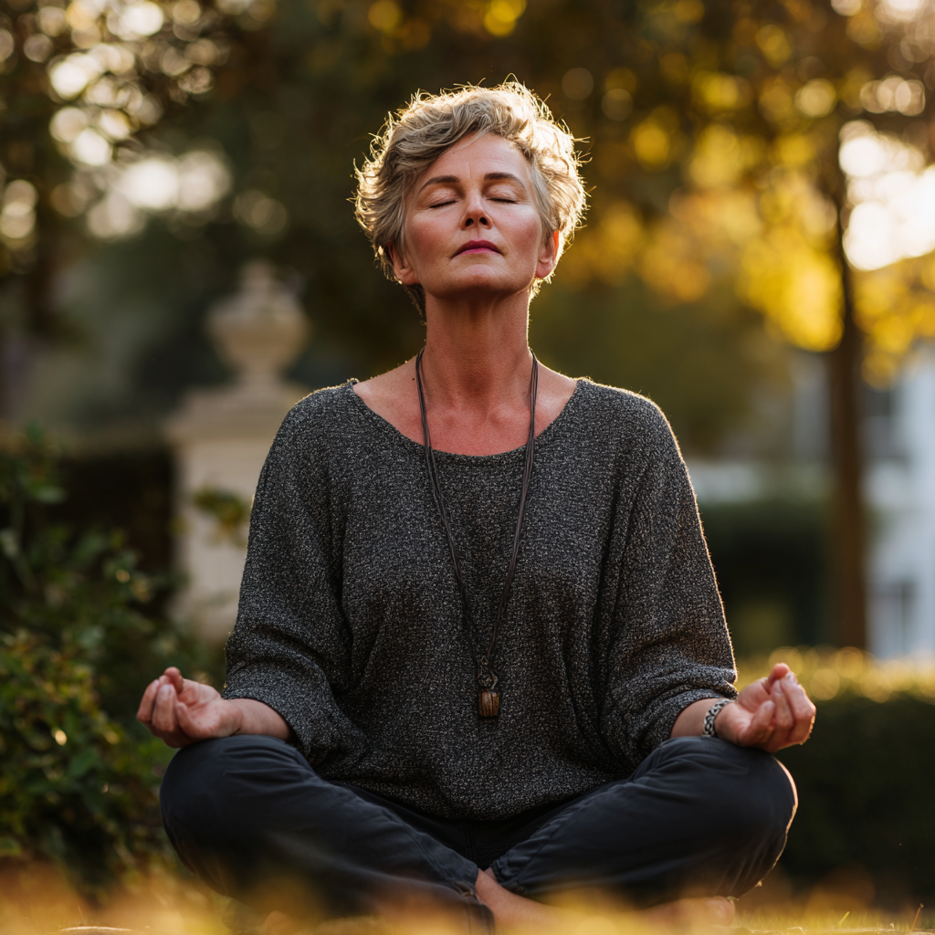 Middle-aged woman practicing yoga meditation in peaceful environment